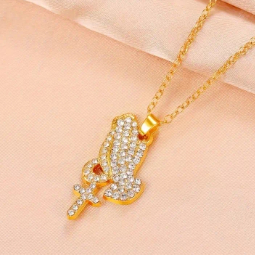 NWT! Zircon Gold Inlaid Prayer Hands Cross Pendant Sinc Alloy Necklace NEW
